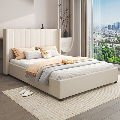 King Size High Rise Headboard Linen Beige Fabric Four MDF Drawers with Wheels Bed Frame V43-BED-ALEX-KBG