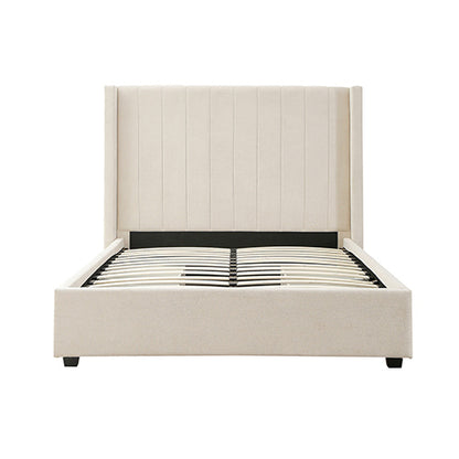 King Size High Rise Headboard Linen Beige Fabric Four MDF Drawers with Wheels Bed Frame V43-BED-ALEX-KBG