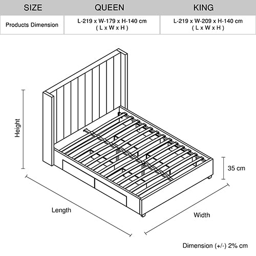 King Size High Rise Headboard Linen Beige Fabric Four MDF Drawers with Wheels Bed Frame V43-BED-ALEX-KBG