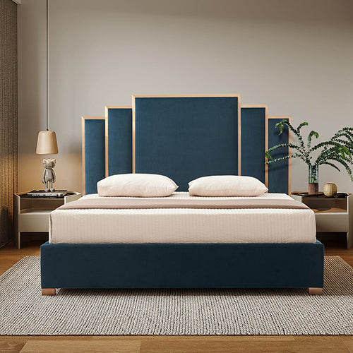 Austin Bed Frame Polyester Turquoise Fabric Padded Upholstery High Quality Slats Polished Stainless Steel Feet V43-BED-AUS-QBU