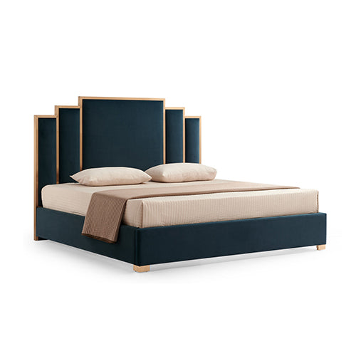 Austin Bed Frame Polyester Turquoise Fabric Padded Upholstery High Quality Slats Polished Stainless Steel Feet V43-BED-AUS-QBU