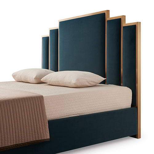 Austin Bed Frame Polyester Turquoise Fabric Padded Upholstery High Quality Slats Polished Stainless Steel Feet V43-BED-AUS-QBU