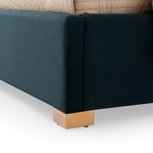 Austin Bed Frame Polyester Turquoise Fabric Padded Upholstery High Quality Slats Polished Stainless Steel Feet V43-BED-AUS-QBU