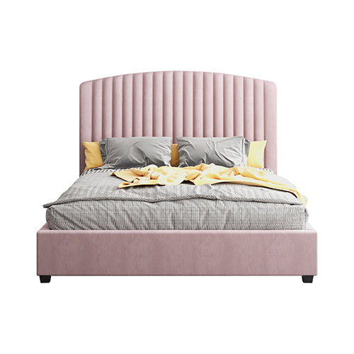 Camelia King Single Size Bed Frame Pink Velvet Upholstery High Headboard Quality Slats Metal Structure V43-BED-CAM-KSPN