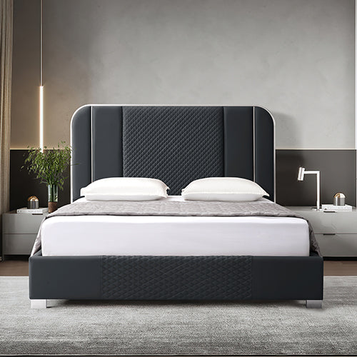 Halcyon Bed Frame Air Leather Padded Upholstery High Quality Slats Polished Stainless Steel Feet V43-BED-HAL-QBL