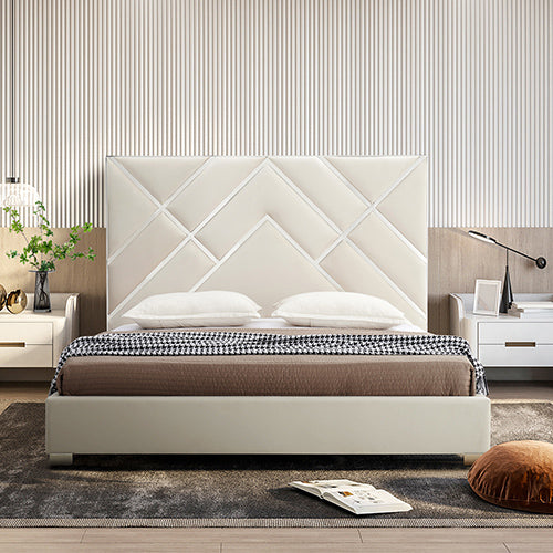 Matrix Bed Frame Fabric Padded Upholstery High Quality Slats Polished Stainless Steel Feet V43-BED-MATX-KBG