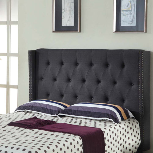 Bed Head Queen Charcoal Headboard Upholstery Fabric Studded Buttons V43-BED-MILAQCH