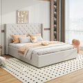 Veronica Bed Frame Double Size Winged Grey Linen Fabric Seam Grid Pattern with gas lift plywood metal V43-BED-VER-DGR