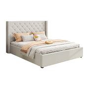 Veronica Bed Frame Double Size Winged Grey Linen Fabric Seam Grid Pattern with gas lift plywood metal V43-BED-VER-DGR
