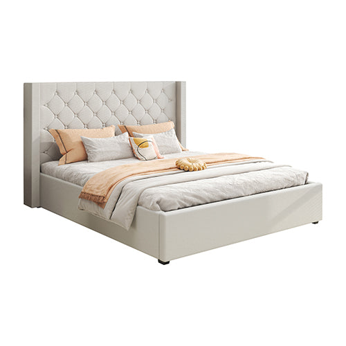 Veronica Bed Frame Double Size Winged Grey Linen Fabric Seam Grid Pattern with gas lift plywood metal V43-BED-VER-DGR