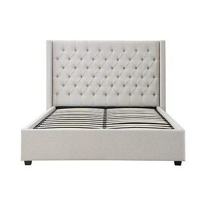 Veronica Bed Frame Queen Size Winged Grey Linen Fabric Seam Grid Pattern with gas lift plywood metal structure V43-BED-VER-QGR