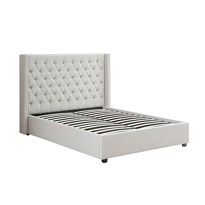 Veronica Bed Frame Queen Size Winged Grey Linen Fabric Seam Grid Pattern with gas lift plywood metal structure V43-BED-VER-QGR
