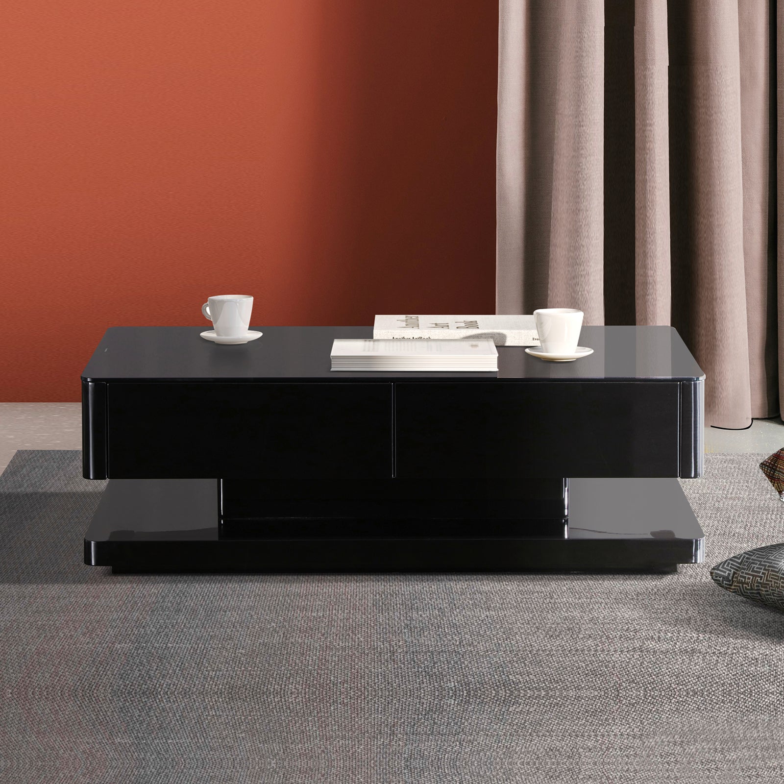 Stylish Coffee Table High Gloss Finish in Shiny Black Colour with 4 Drawers Storage V43-CT-SUP-BL