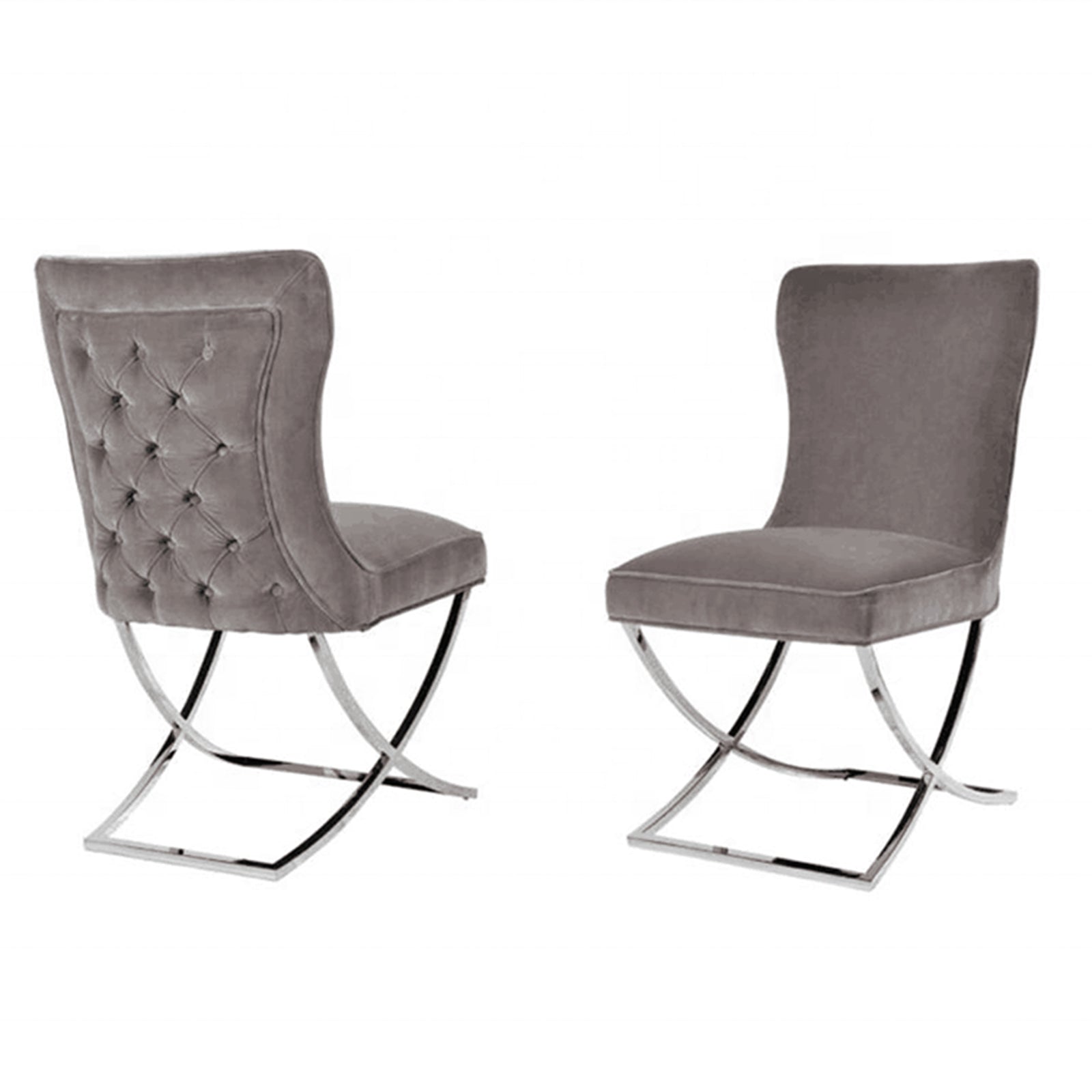 2x Dining Chairs Grey Fabric Upholstery Quilting Silver Color Legs V43-DC-BRBUD