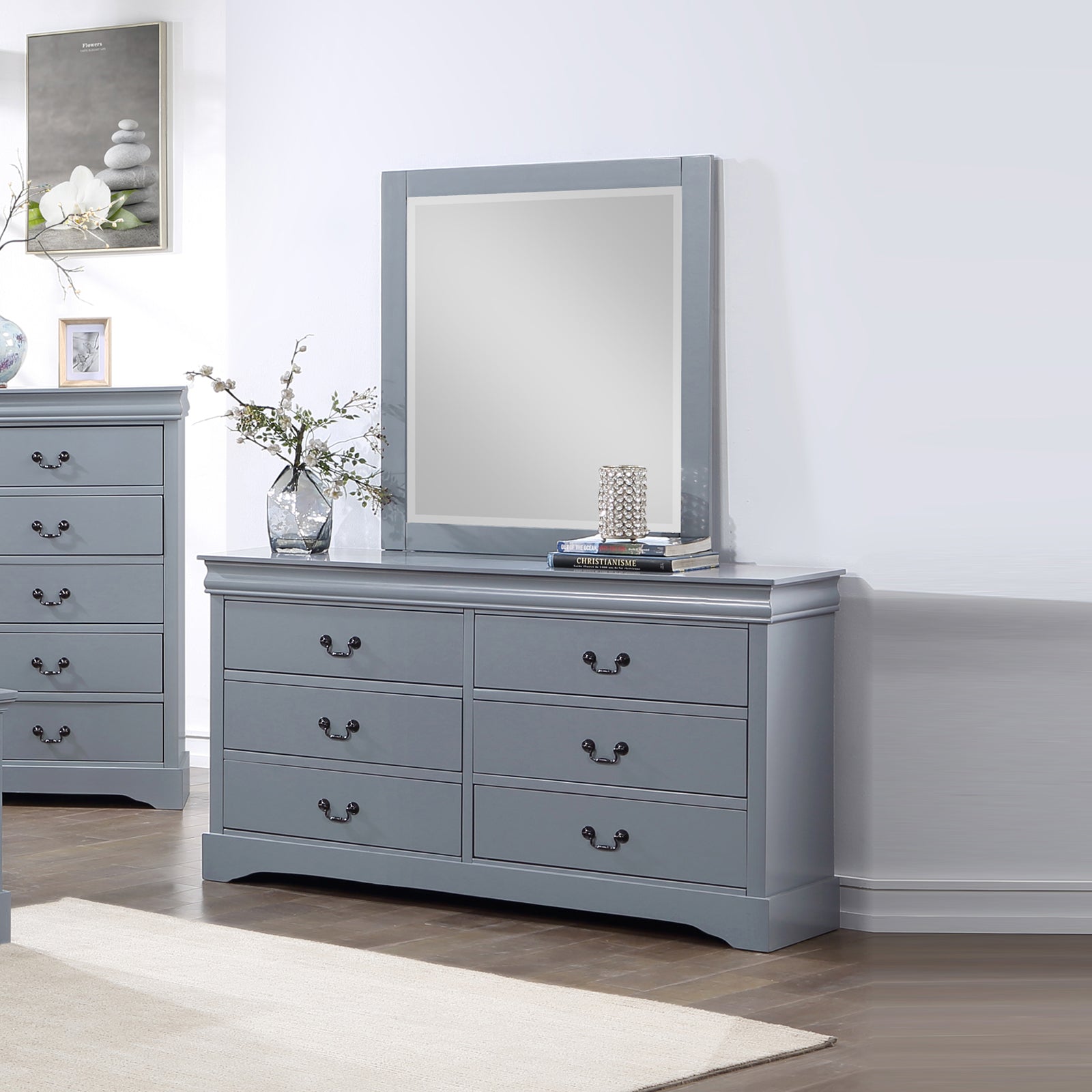 Dressing Chest with 6 Storage Drawers in Solid Wooden Mirror Metal Handles Grey Colour V43-DRS-SPNC