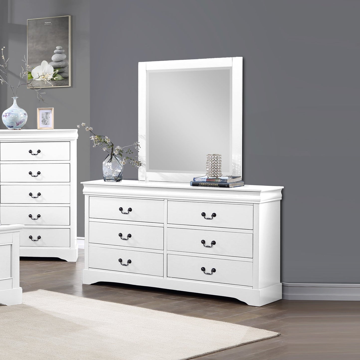 Dressing Chest with 6 Storage Drawers in Solid Wooden Mirror Metal Handles White Colour V43-DRS-SPNC-WH