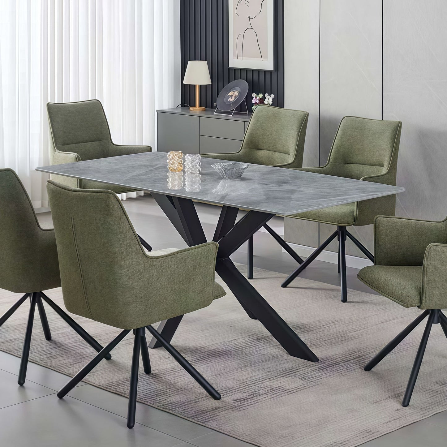 Dining Table Rectangular Shape Grey Sintered Stone Top Powder Coated Iron Legs V43-DT-KNGS
