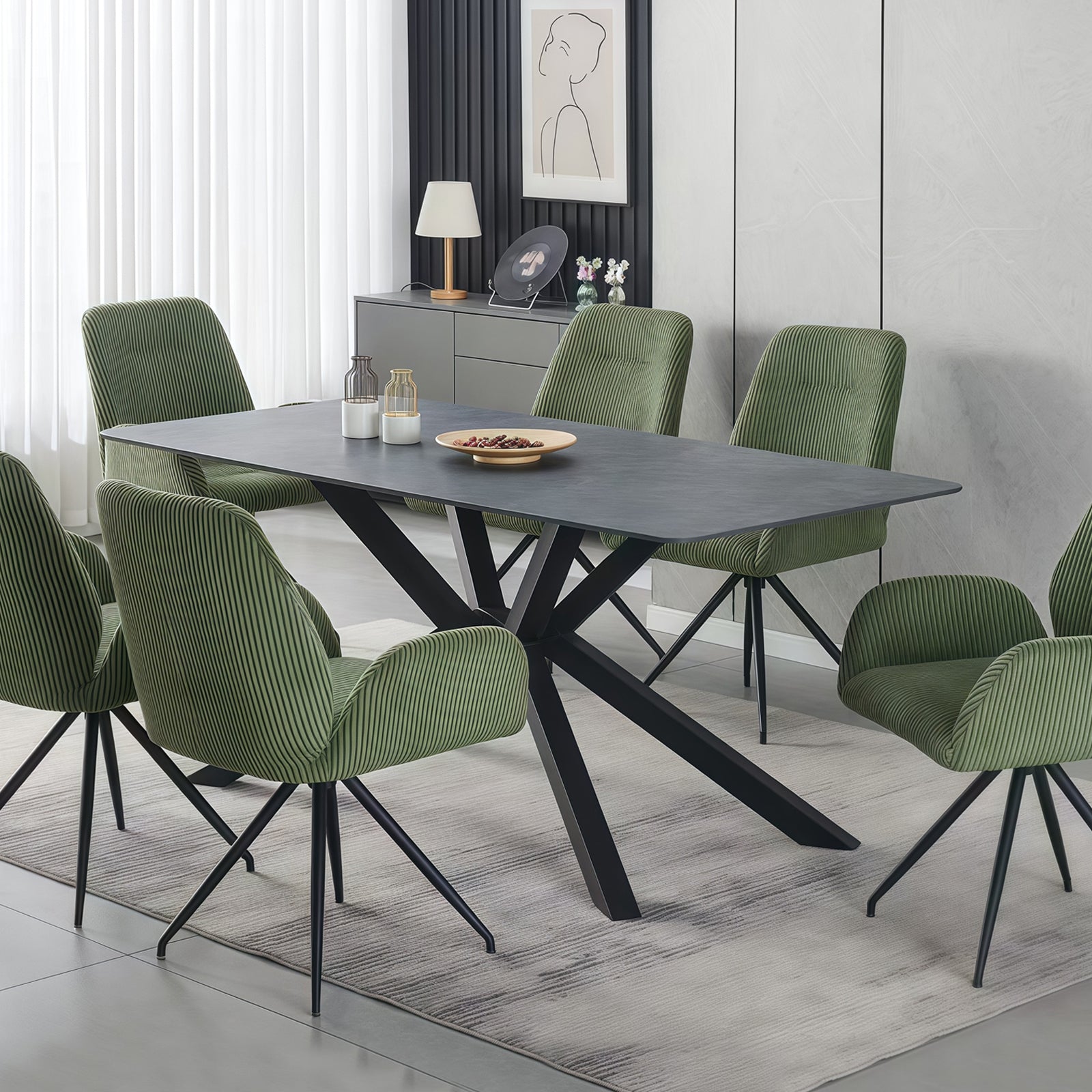 Dining Table Rectangular Shape Green Sintered Stone Top Powder Coated Iron Legs V43-DT-REX