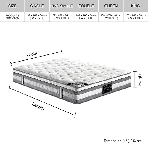 Mattress Euro Top Single Size Pocket Spring Coil with Knitted Fabric Medium Firm 34cm Thick V43-MAT-PET-S