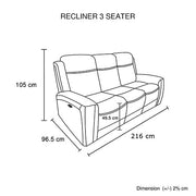 3 Seater Electric Leather/PVC Black Recliner V43-REC-FNX3RBL