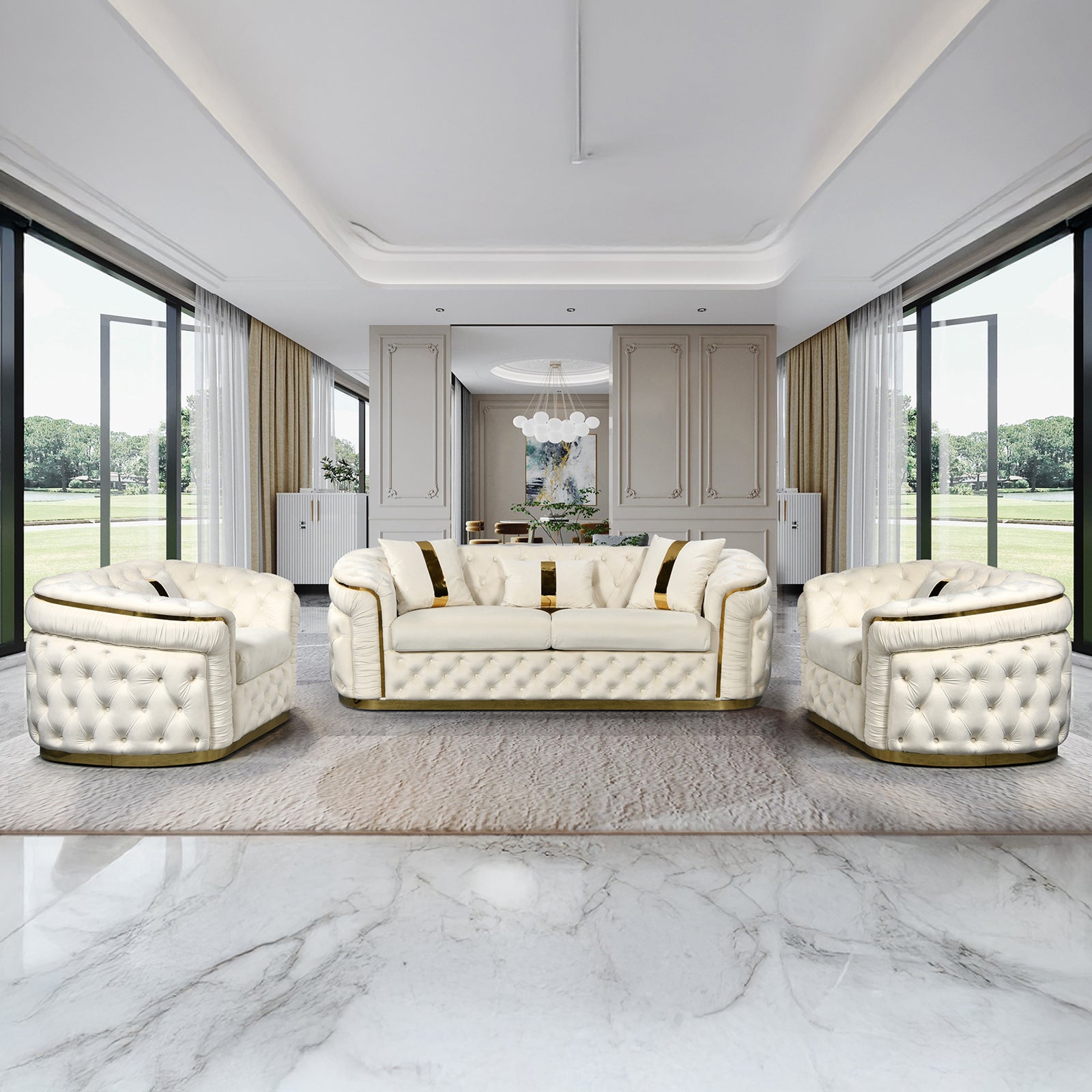 3-1-1 Seater Sofa Set Beige Velvet Fabric Solid Wood construction Gold Stainless Steel Trim V43-SET-DUK-3-1-1
