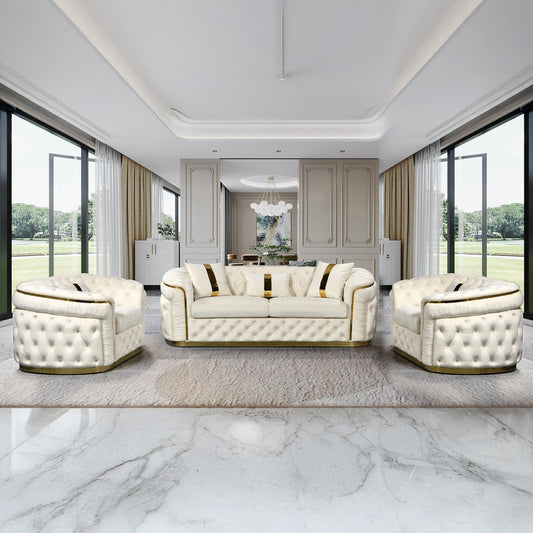 3-1-1 Seater Sofa Set Beige Velvet Fabric Solid Wood construction Gold Stainless Steel Trim V43-SET-DUK-3-1-1