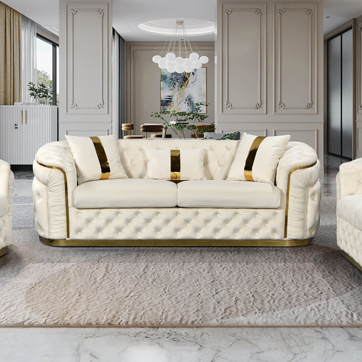 3-1-1 Seater Sofa Set Beige Velvet Fabric Solid Wood construction Gold Stainless Steel Trim V43-SET-DUK-3-1-1
