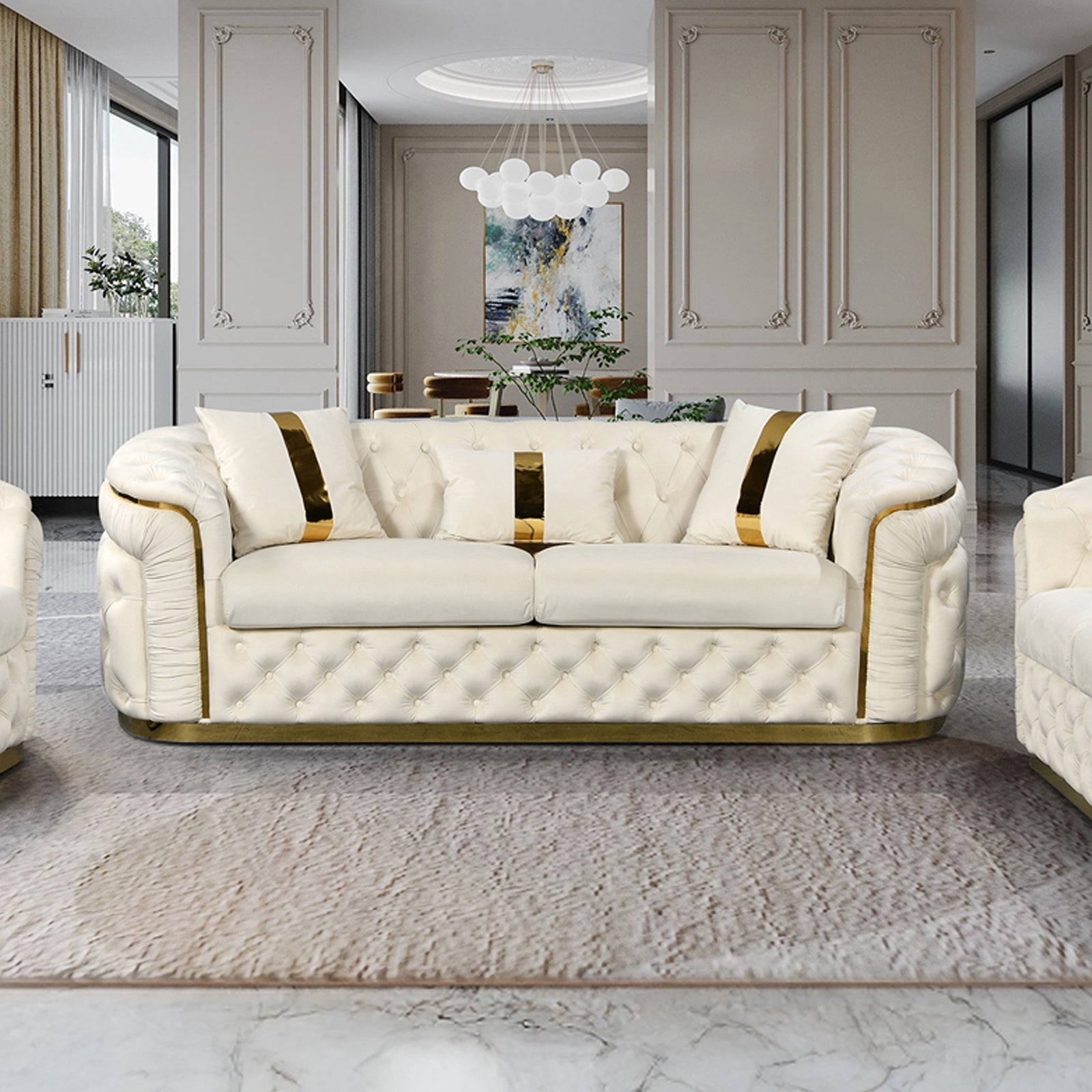 3-1-1 Seater Sofa Set Beige Velvet Fabric Solid Wood construction Gold Stainless Steel Trim V43-SET-DUK-3-1-1