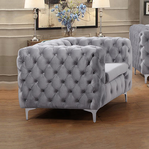 Single Seater Grey Sofa Classic Armchair Button Tufted in Velvet Fabric with Metal Legs V43-SOF-JAQS1SGR