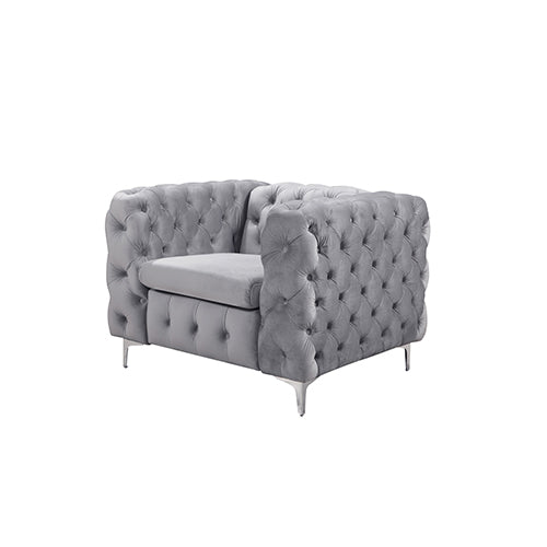 Single Seater Grey Sofa Classic Armchair Button Tufted in Velvet Fabric with Metal Legs V43-SOF-JAQS1SGR