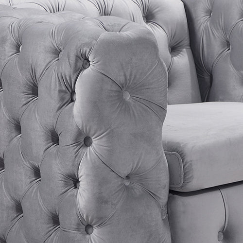 Single Seater Grey Sofa Classic Armchair Button Tufted in Velvet Fabric with Metal Legs V43-SOF-JAQS1SGR