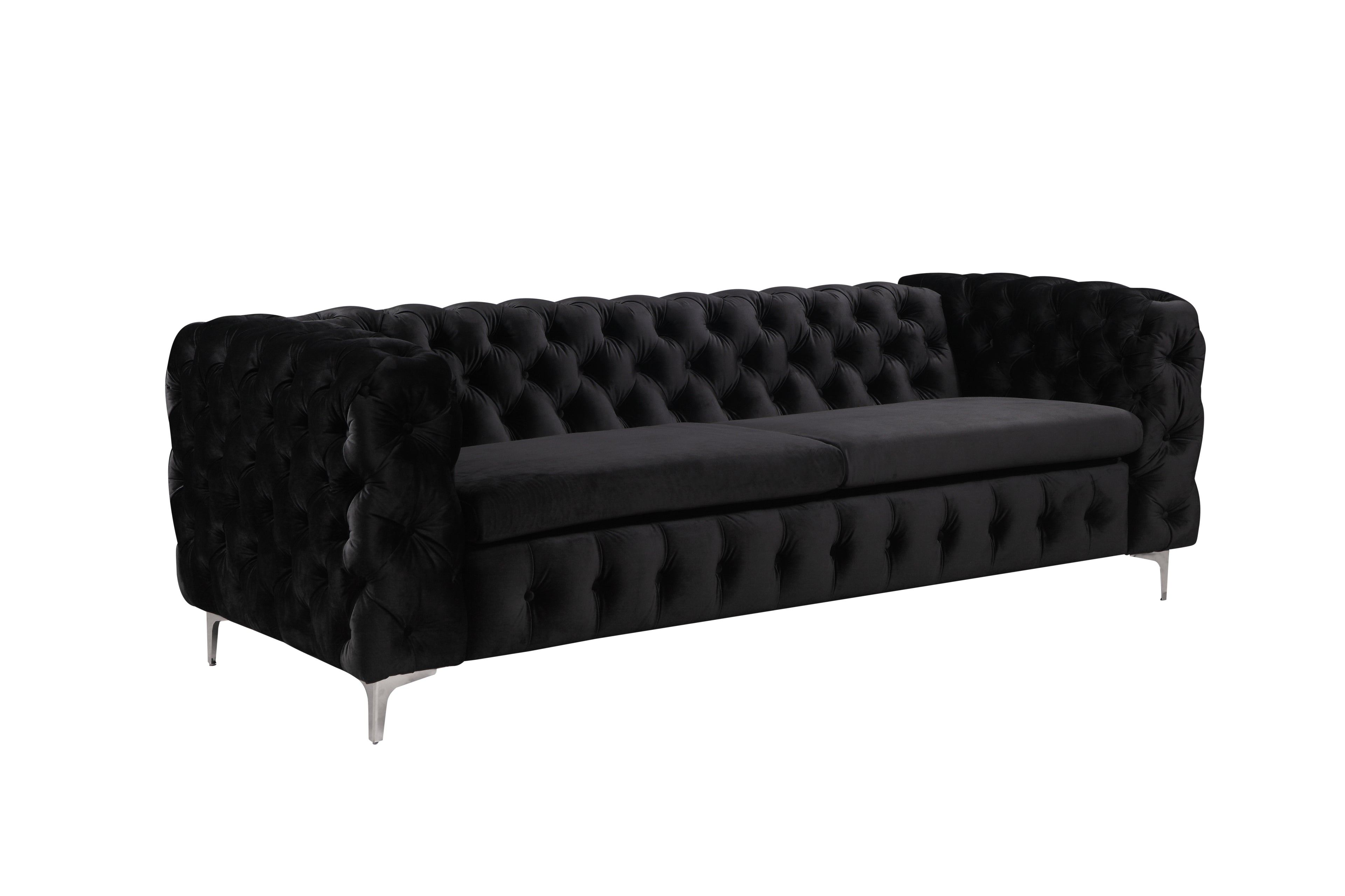 3 Seater Sofa Classic Button Tufted Lounge in Black Velvet Fabric with Metal Legs V43-SOF-JAQS3SBL