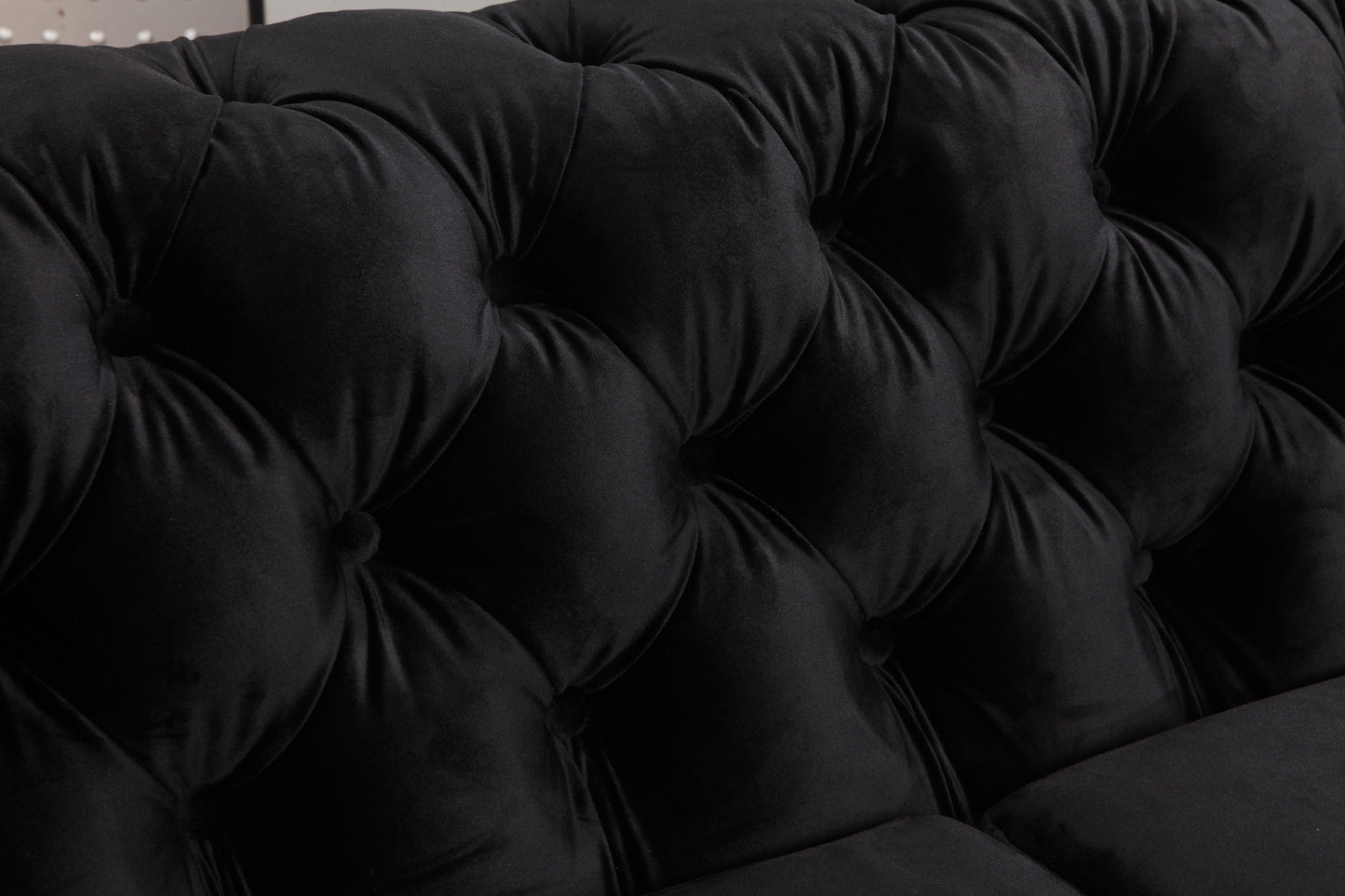 3 Seater Sofa Classic Button Tufted Lounge in Black Velvet Fabric with Metal Legs V43-SOF-JAQS3SBL
