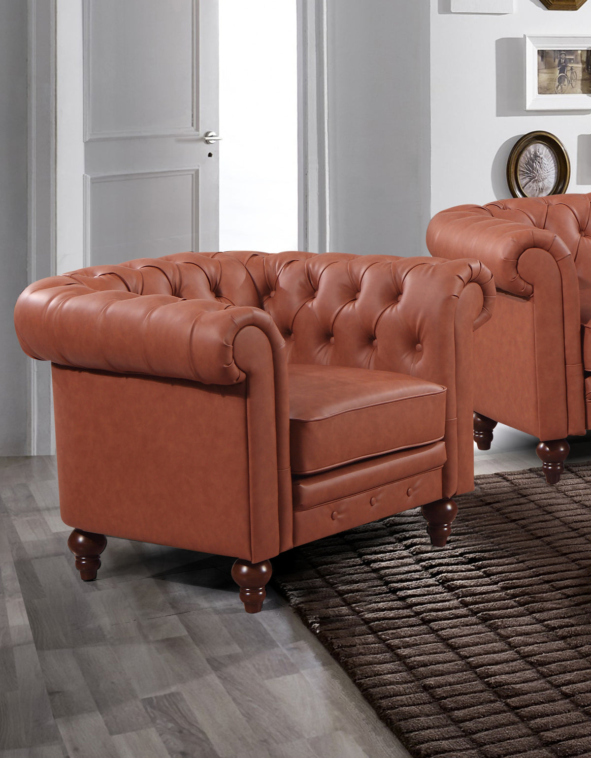 Single Seater Brown Sofa Lounge Button Tufted in Faux Leather V43-SOF-MDL1SBR