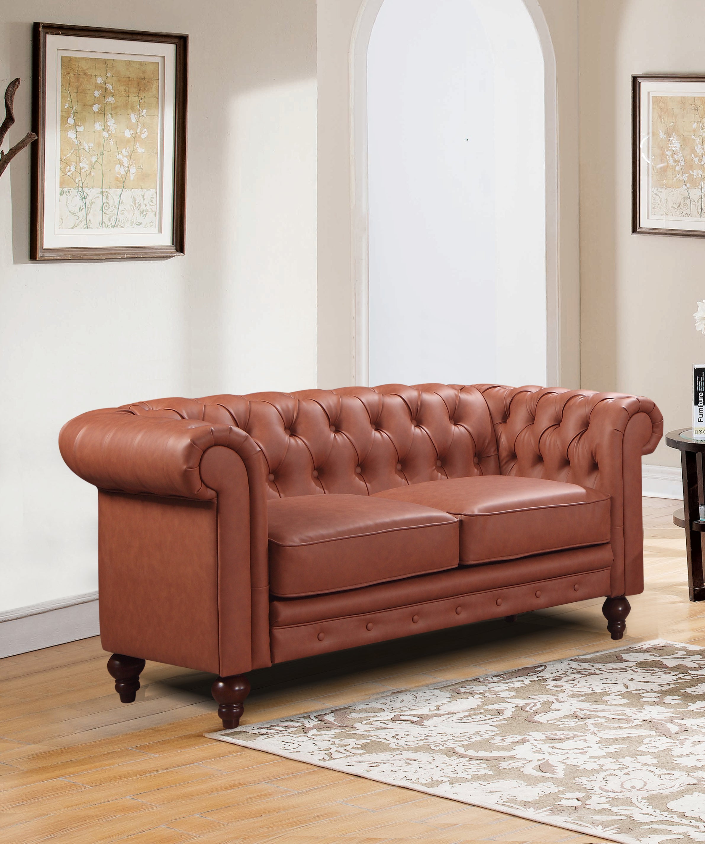 2 Seater Brown Sofa Lounge Button Tufted in Faux Leather V43-SOF-MDL2SBR