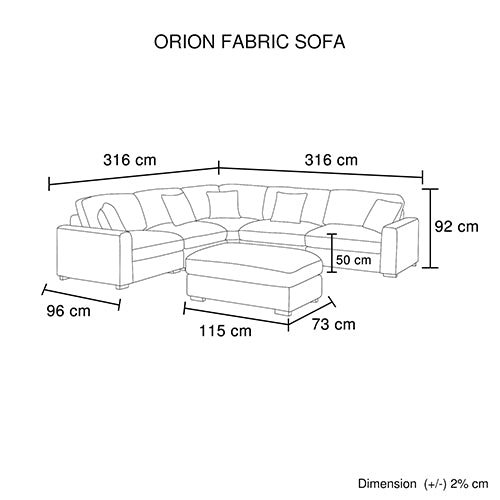 Orion Corner Sofa Premium Fabric Upholstery Padded Seat Wooden Frame Rubber Wooden Legs with Ottoman V43-SOF-ORIN