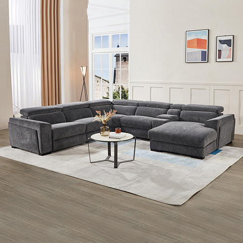 Grey Colour Corner Sofa Chaise Premium Fabric Electric Recliner With Manual Headrest Cup-Holder Charging V43-SOF-SRNTO