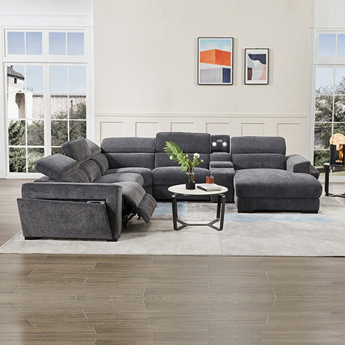 Grey Colour Corner Sofa Chaise Premium Fabric Electric Recliner With Manual Headrest Cup-Holder Charging V43-SOF-SRNTO