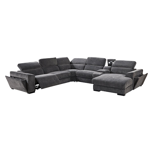 Grey Colour Corner Sofa Chaise Premium Fabric Electric Recliner With Manual Headrest Cup-Holder Charging V43-SOF-SRNTO