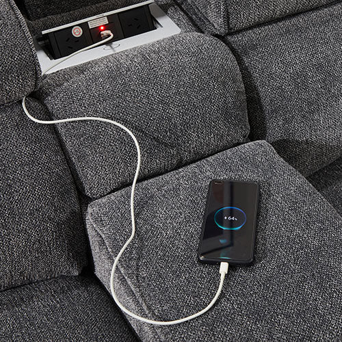 Grey Colour Corner Sofa Chaise Premium Fabric Electric Recliner With Manual Headrest Cup-Holder Charging V43-SOF-SRNTO