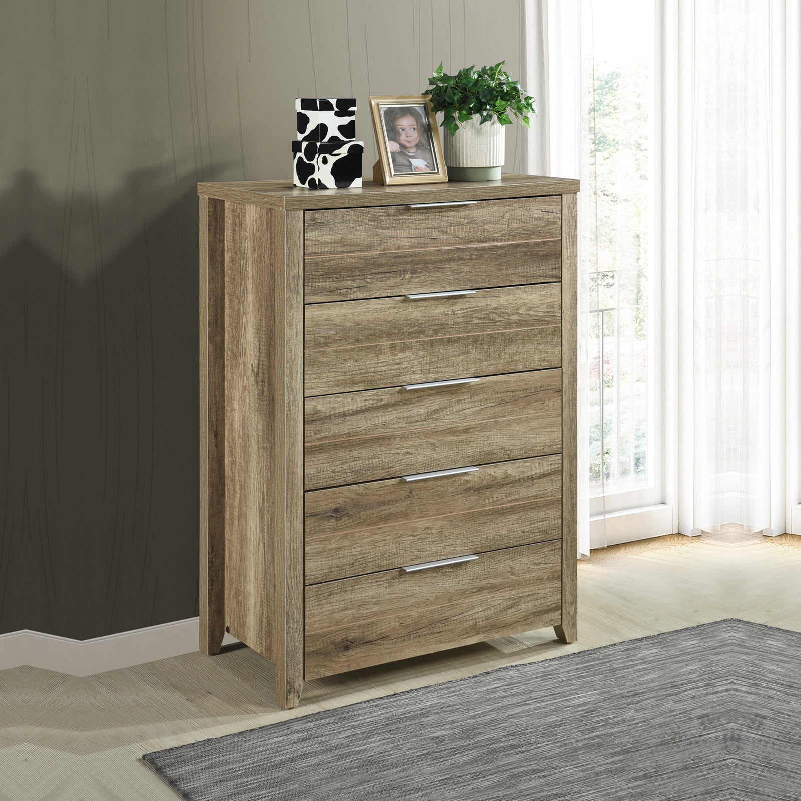 Tallboy with 5 Storage Drawers Natural Wood like MDF in Oak Colour V43-TBY-CELOAK
