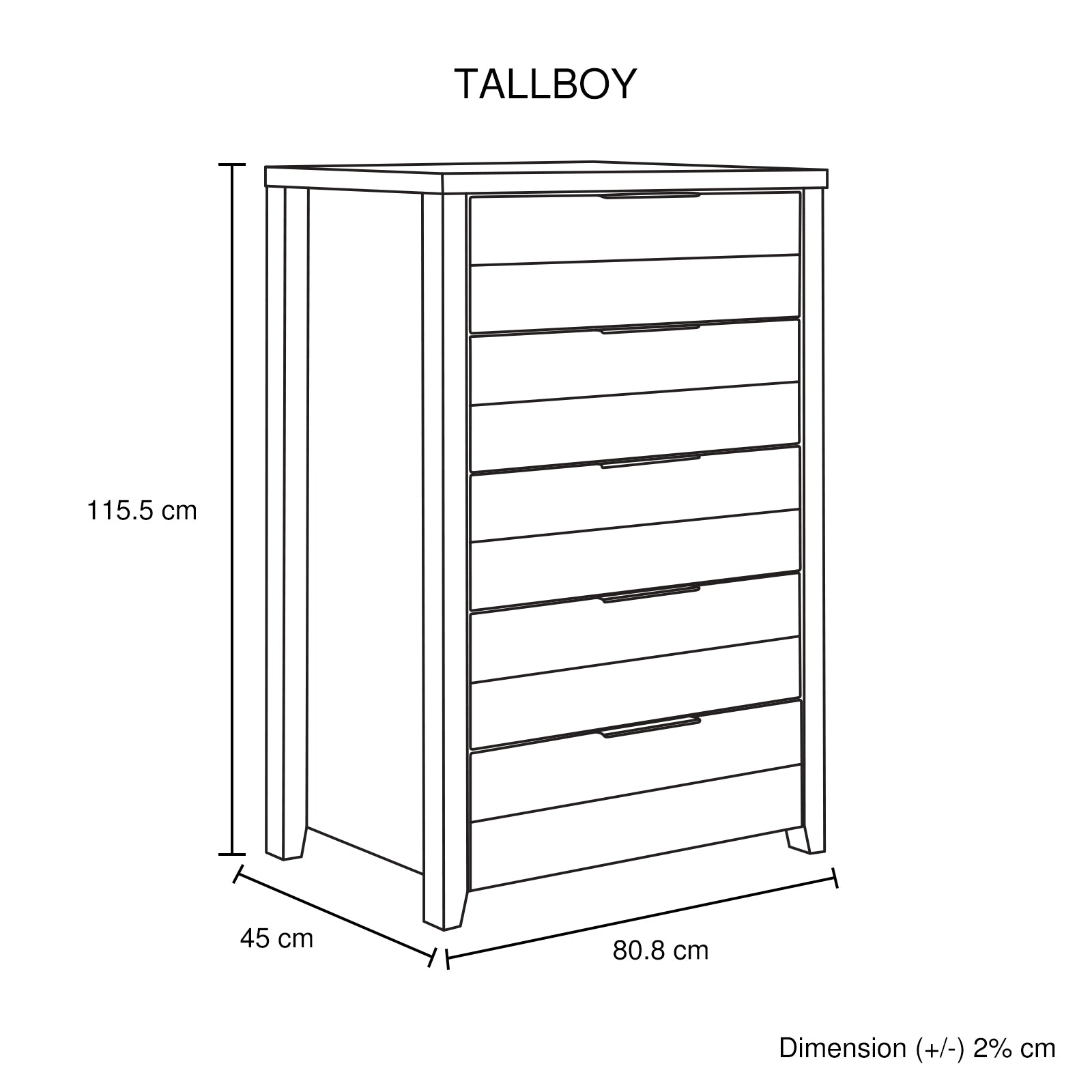 Tallboy with 5 Storage Drawers Natural Wood like MDF in Oak Colour V43-TBY-CELOAK