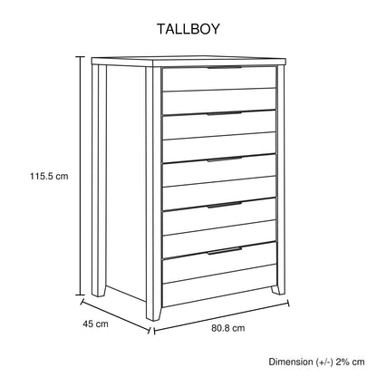 Tallboy with 5 Storage Drawers Natural Wood like MDF in Oak Colour V43-TBY-CELOAK