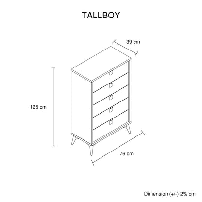 Tallboy with 5 Storage Drawers MDF Combination of Champagne and Black Colour