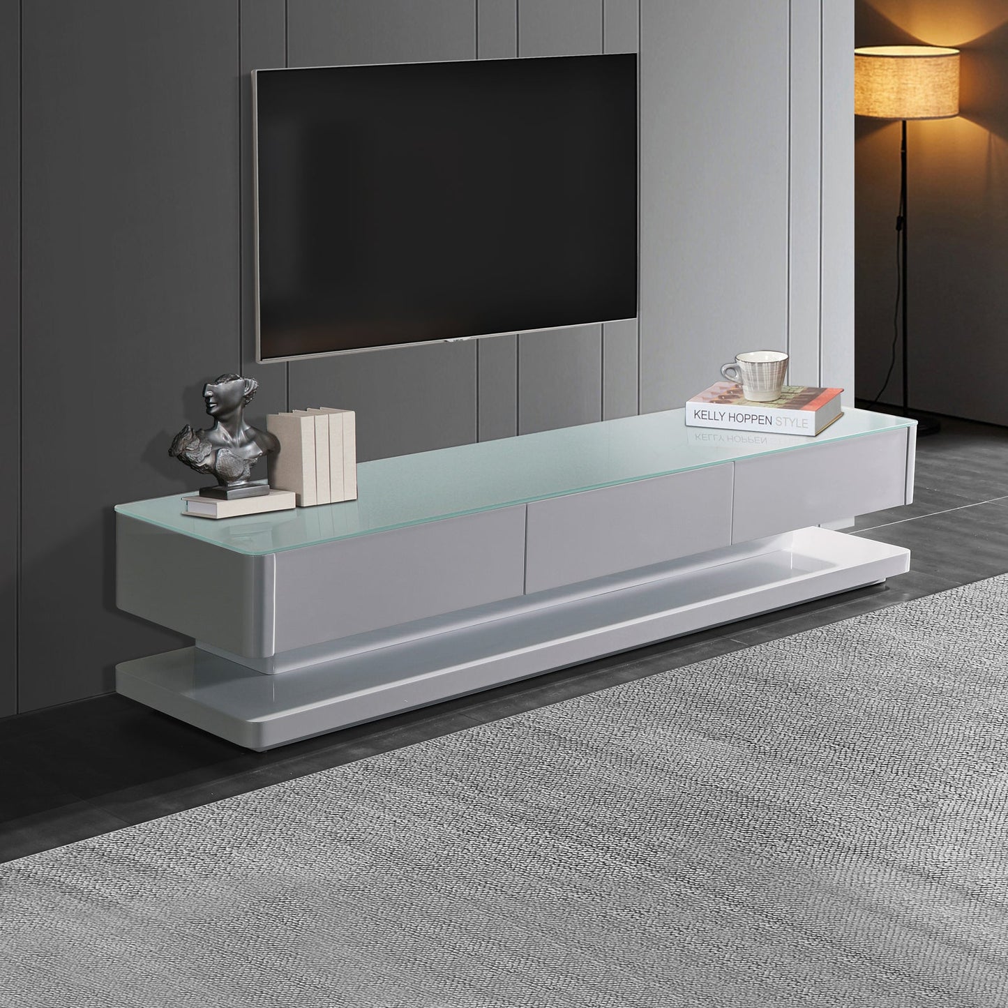 TV Cabinet with 3 Storage Drawers With High Glossy Assembled Entertainment Unit in White colour V43-TVC-SUP-WH