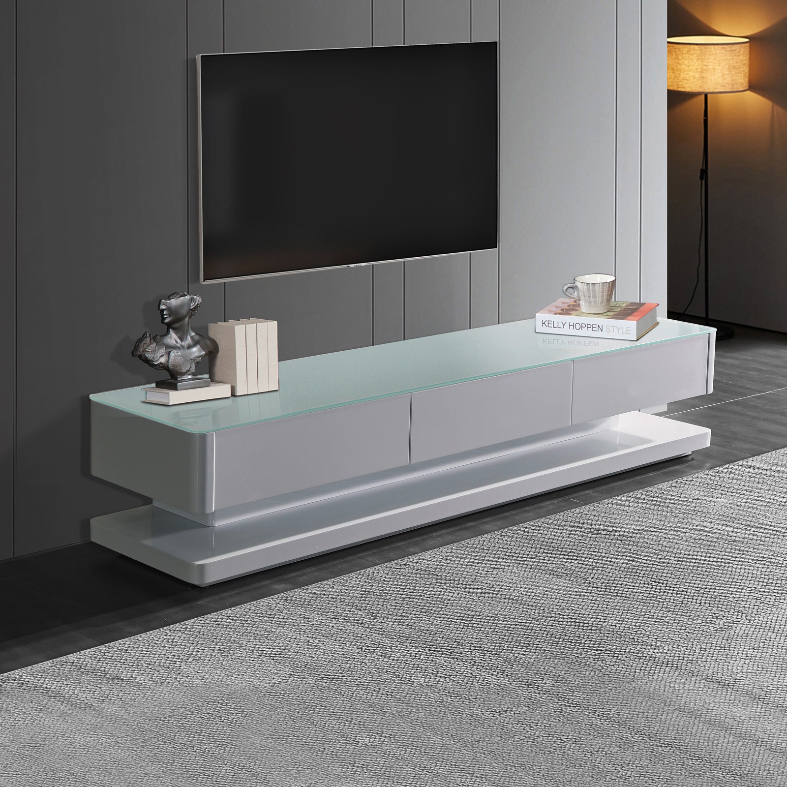 TV Cabinet with 3 Storage Drawers With High Glossy Assembled Entertainment Unit in White colour V43-TVC-SUP-WH