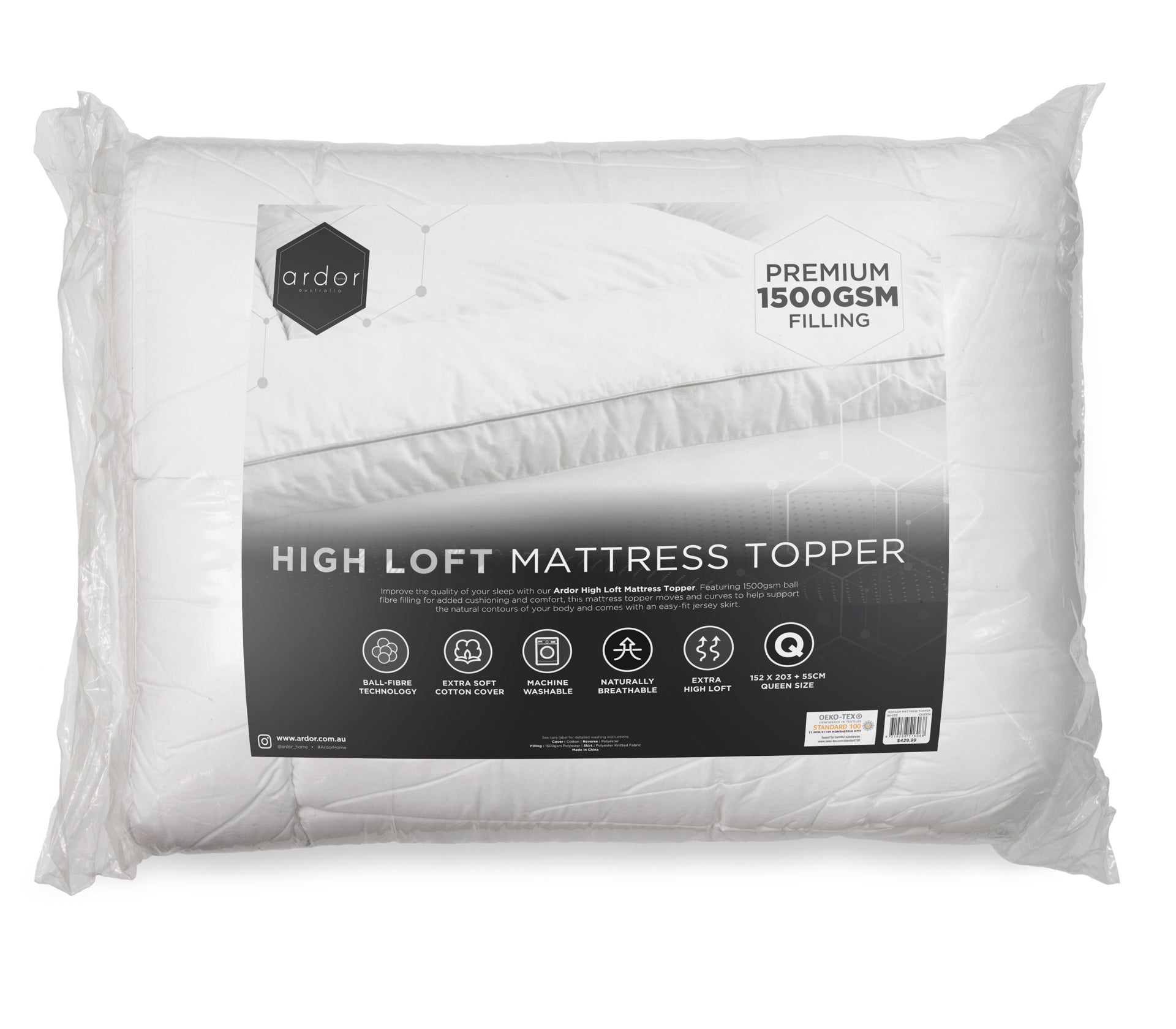 1500GSM Ball fibre MATTRESS TOPPER - SINGLE V441-MT4006WTESB/VAC