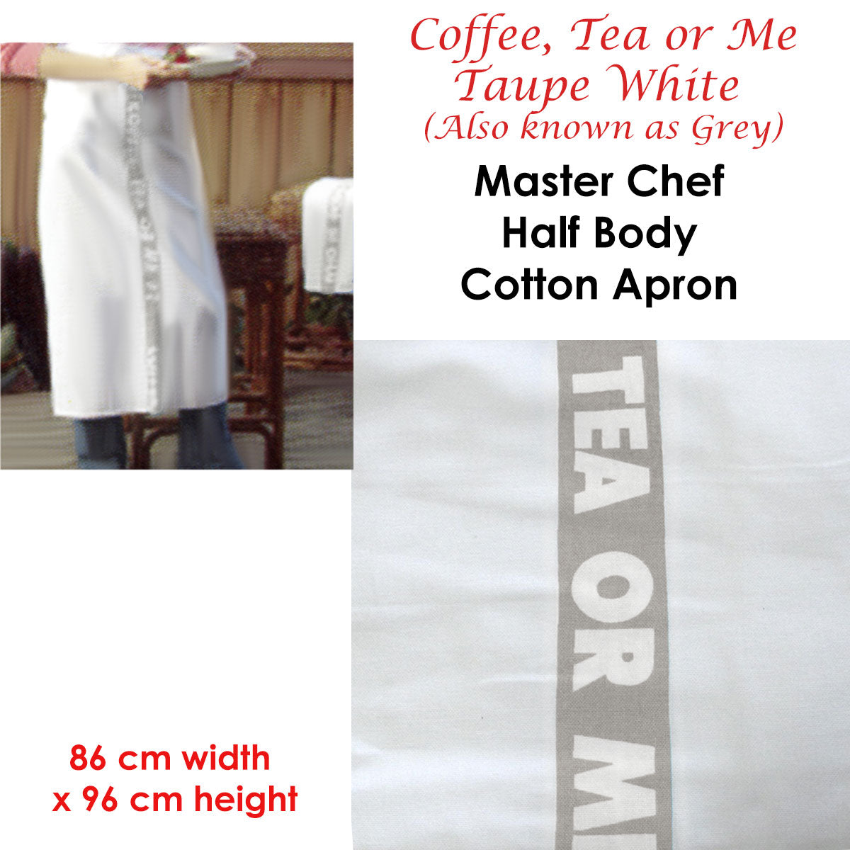 Coffee, Tea or Me Taupe White Master Chef Half Cotton Apron 86 x 96 cm V442-ABR-APRON-COFFEETEAME-TAUPE-RE