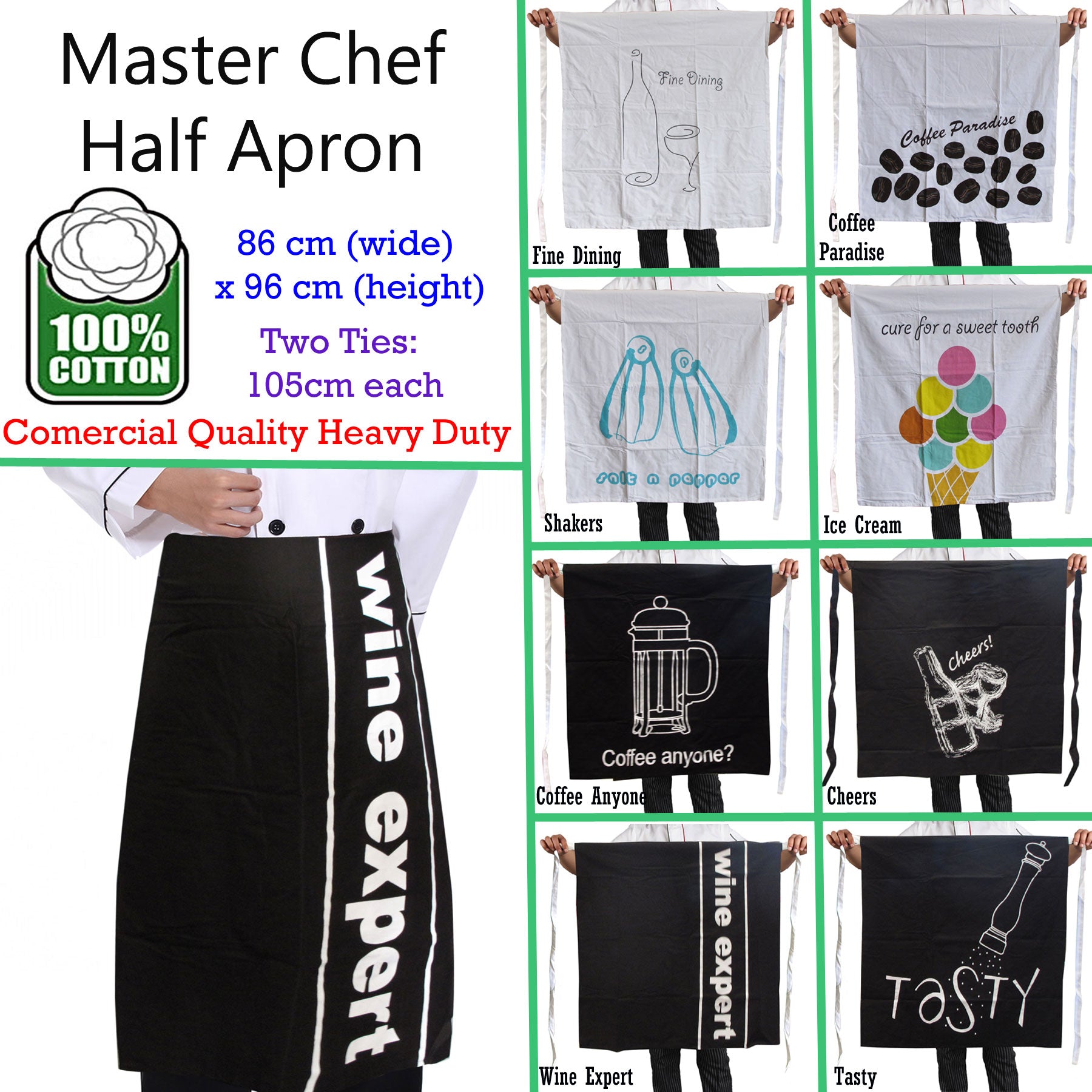 100% Cotton Master Chef Half Apron Heavy Duty Tasty V442-ABR-APRON-TASTY-BLACK-SH
