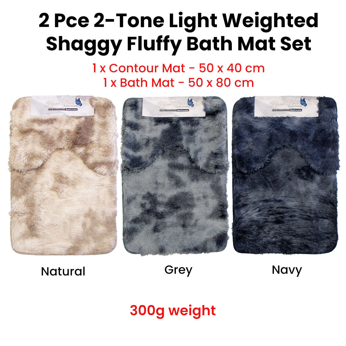 2 Pce 2-Toned Extra Light Weighted Shaggy Fluffy Bath Mat Set Navy V442-ABR-BATHM-LIGHTWEIGHTSHAGGY-NAVY-RE